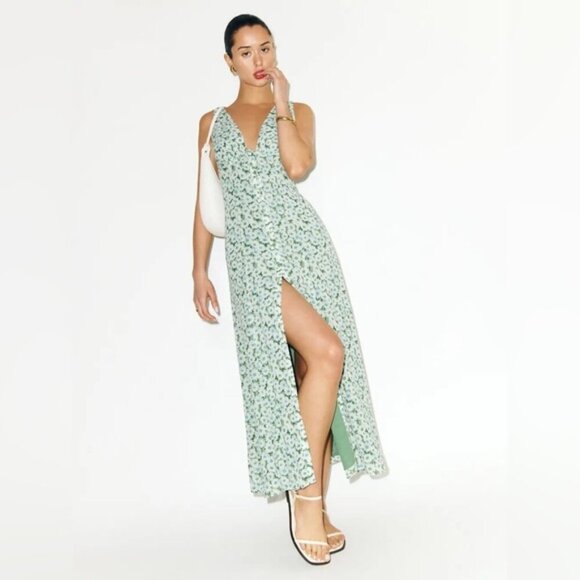 NEW Reformation Ceara Midi Dress Daisy Meadow Green Floral | US 0 UK 4 - Picture 1 of 16